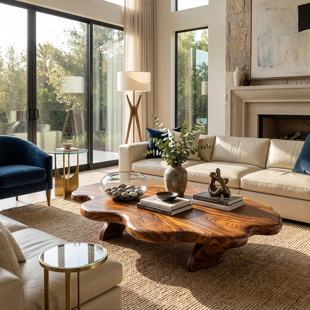 Wooden Coffee Table With Wave Tabletop For Luxury Living Room