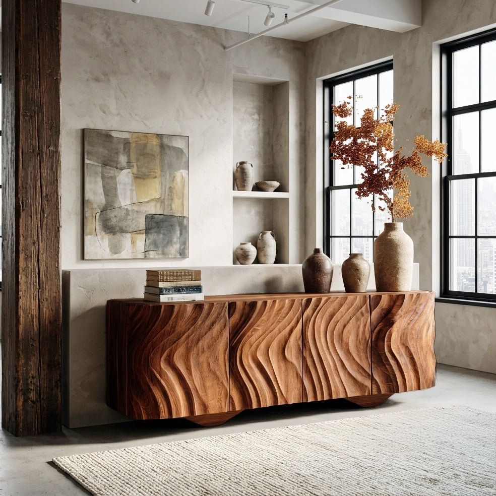 Farmhouse Wooden Sideboard With Carved Wave Doors For Living Storage