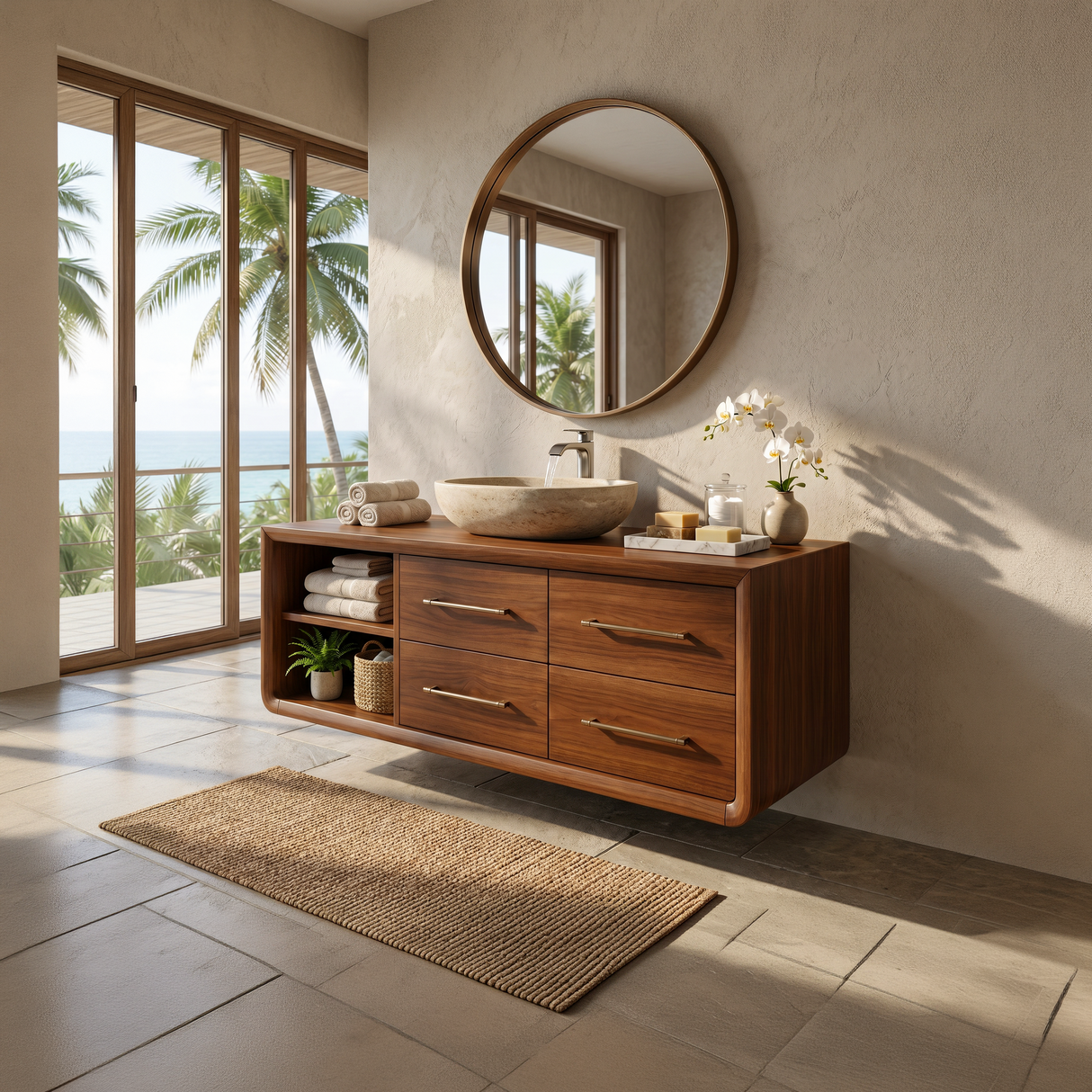 Scandinavian Floating Vanity With Open Shelf For Apartment