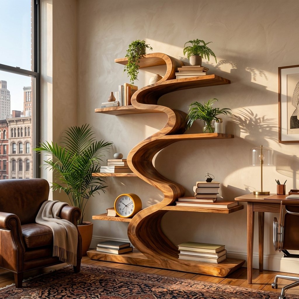Modern Wooden Bookshelf Flowing Form For Living Room