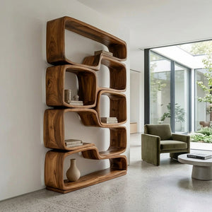 Contemporary Sculptural Natural Wood Bookshelf For Living Room