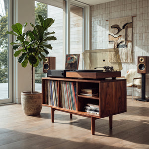 Minimalist Record Cabinet With Four Open Shelves For Interior