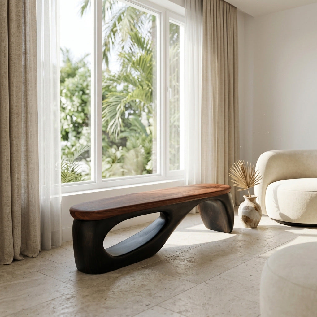 Organic Wooden Bench With Curved Black Base For Home