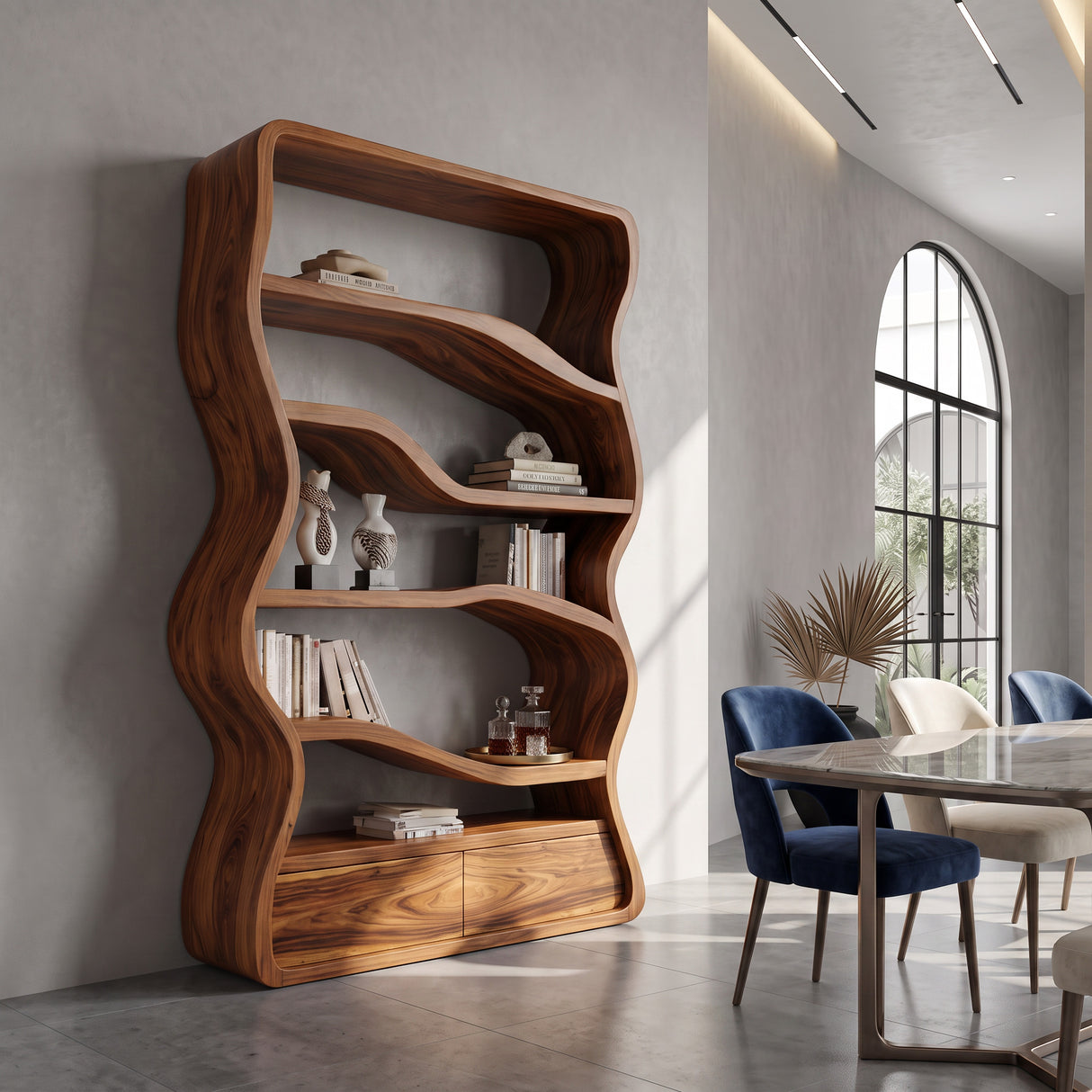Modern Curved Wooden Bookshelf For Living Room