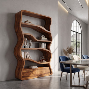 Modern Curved Wooden Bookshelf For Living Room