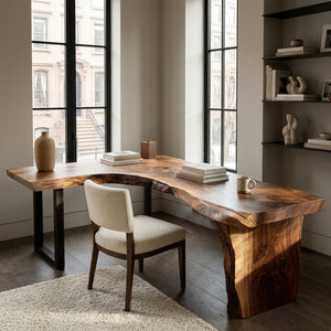 Organic Wooden L Desk With Live Edges For Minimalist Workspace