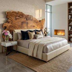 Organic Natural Wood Headboard For Minimalist Japandi Bedroom Design