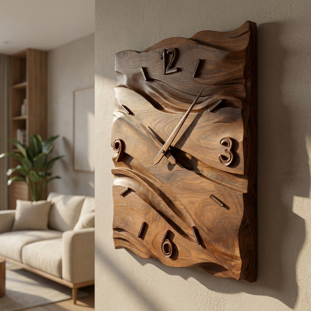 Organic Modern Wood Wave Wall Clock Decor For Living Room
