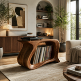 Wooden Record Player Stand With Sculptural Form For Living Room