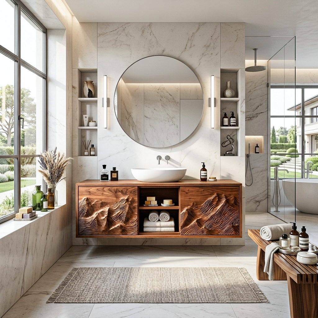 Organic Carved Floating Bathroom Vanity For Master Bathroom