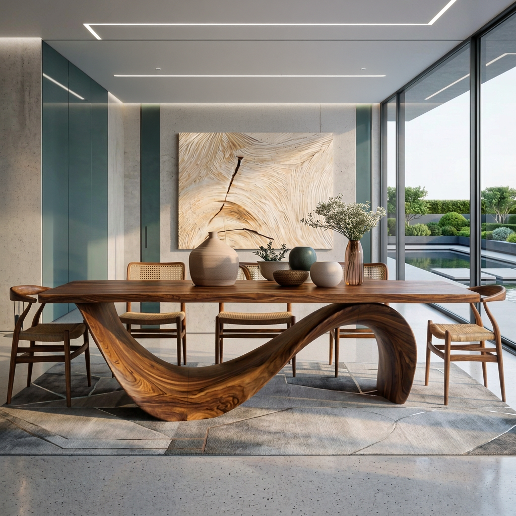 Modern Wooden Dining Table With Curved Base For Dining Area