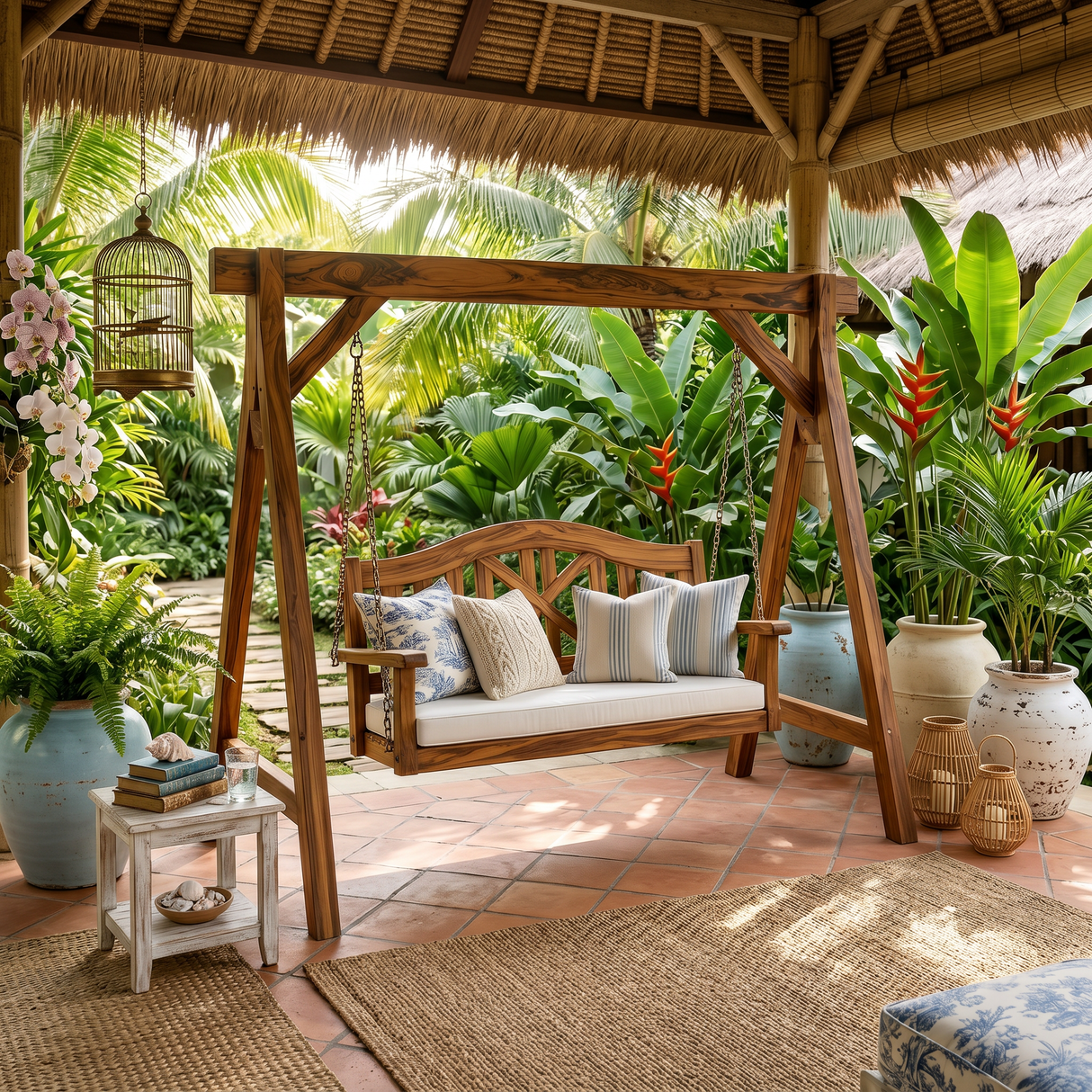 Mediterranean Wooden Swing Bench Villa Patio