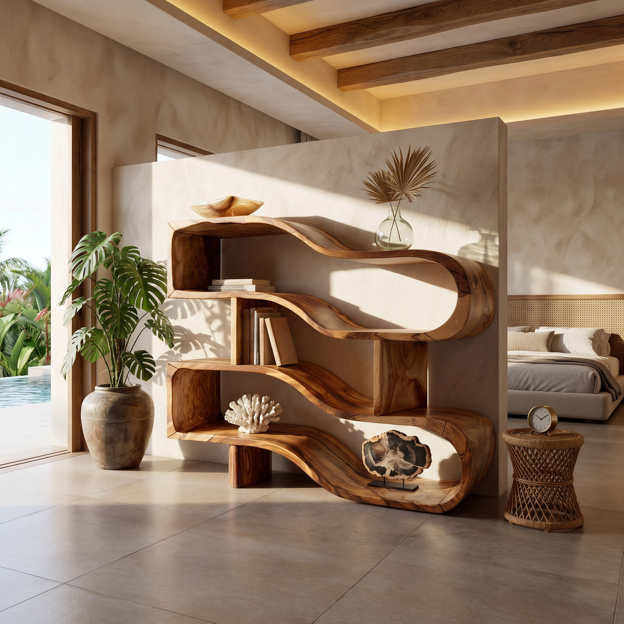 Modern Architectural Wooden Display Shelf With Floating Curves
