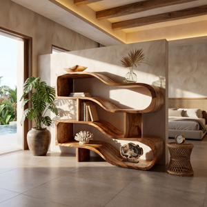 Modern Architectural Wooden Display Shelf With Floating Curves