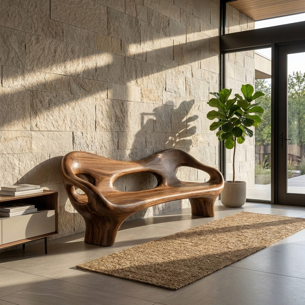 Modern Entryway Bench With Hollow Sculpture Arms For Hallway