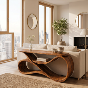 Modern Wooden Console Table Flowing Shelf Design For Living