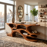 Artistic Wooden Console Table With Cutout Shelves For Home Decor
