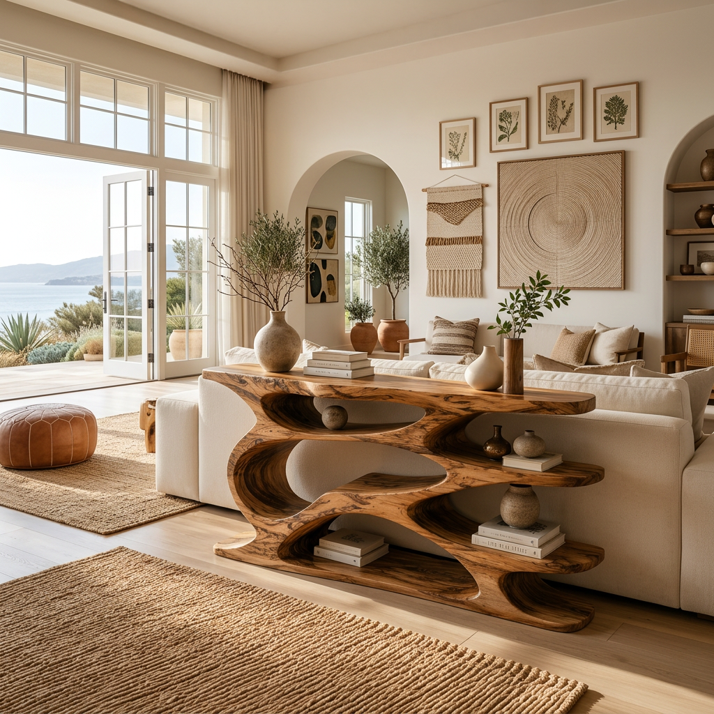 Rustic Wooden Console Table With Curved Open Storage For Living