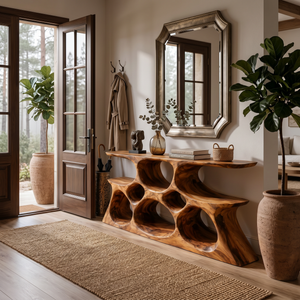 Elegant Wooden Console Table With Sculptural Shelves For Home Decor