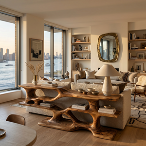 Wooden Console Table With Sculptural Open Shelves For Living