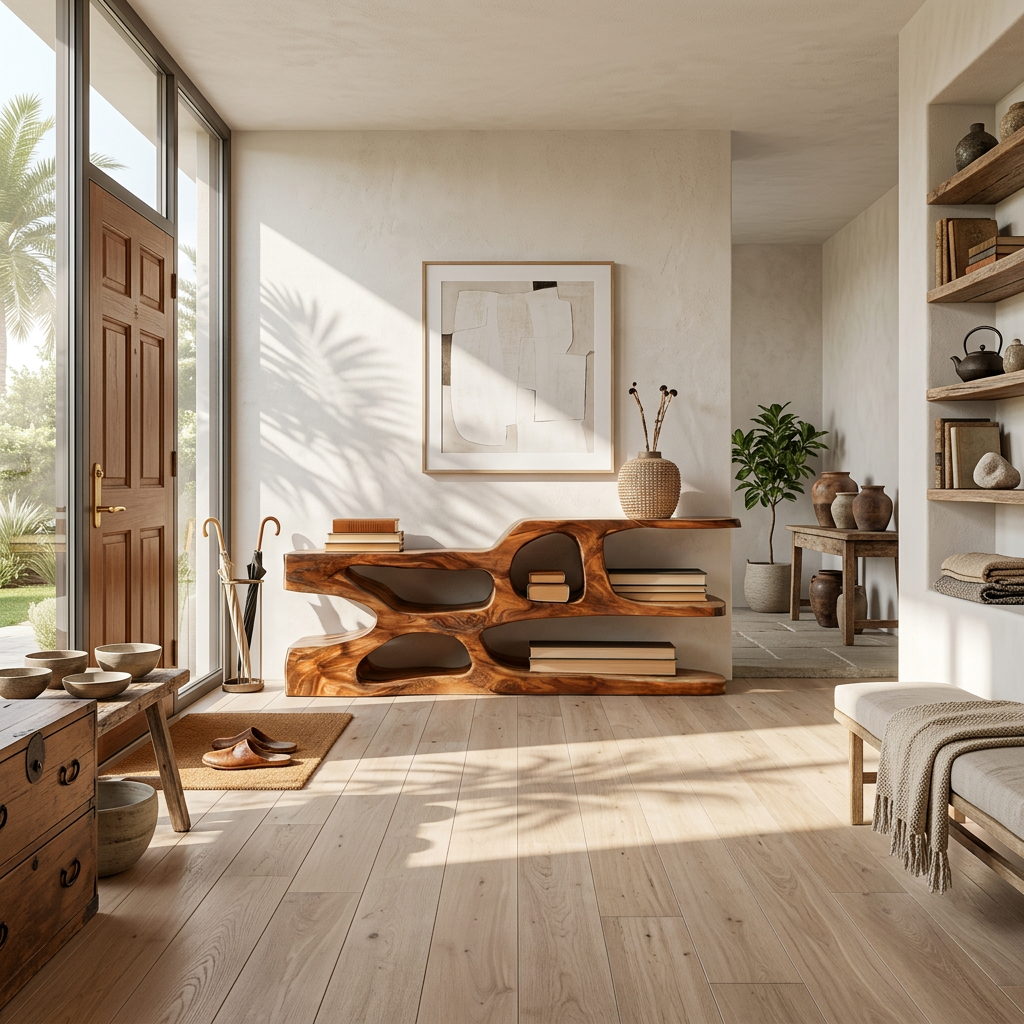 Modern Wooden Console Table With Flowing Open Storage For Home