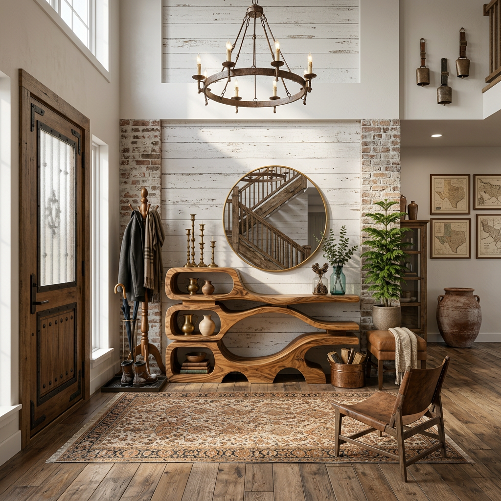 Rustic Wooden Console Table With Sculptural Hollow For Interior