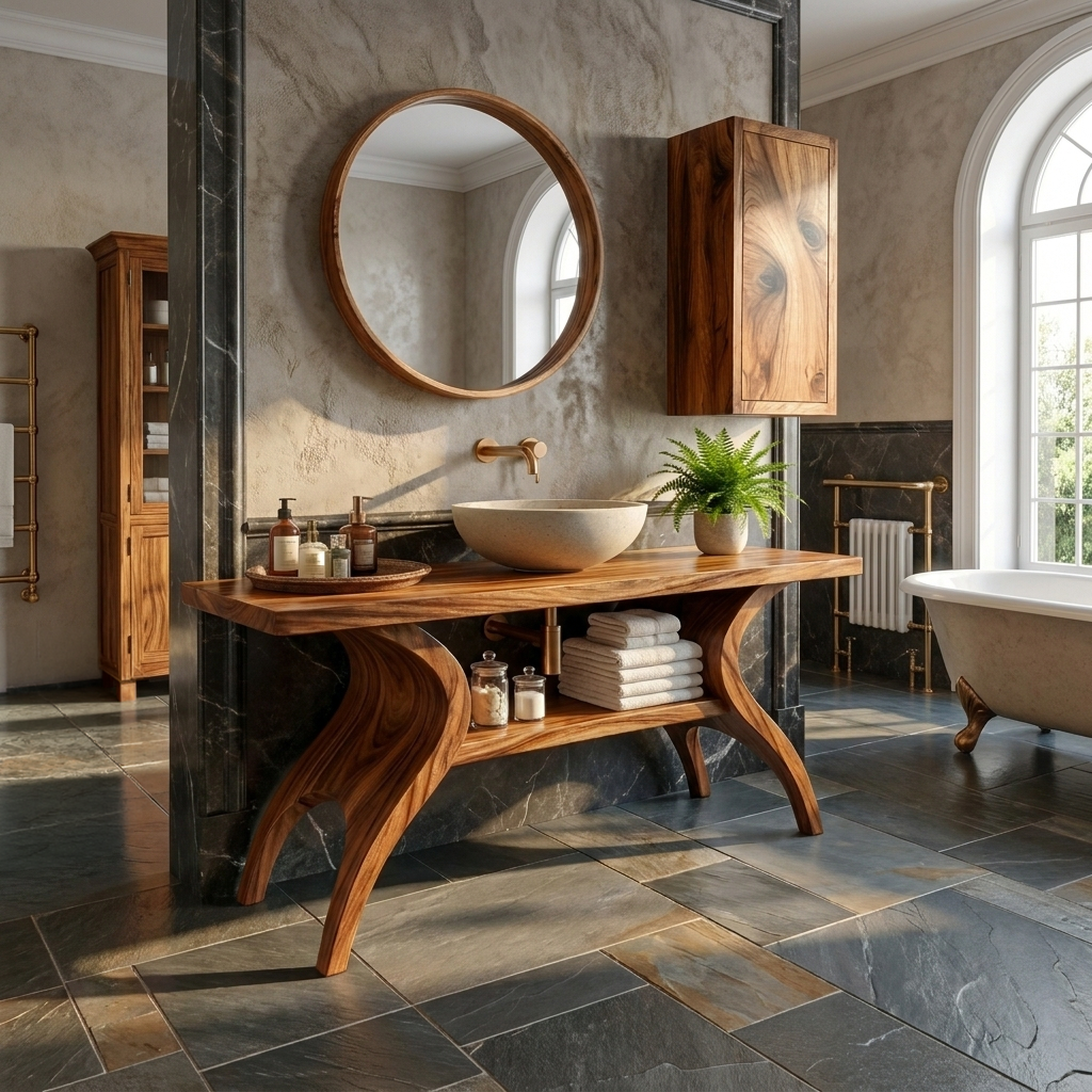Organic Wooden Bathroom Vanity With Open Towel Shelf For Bath