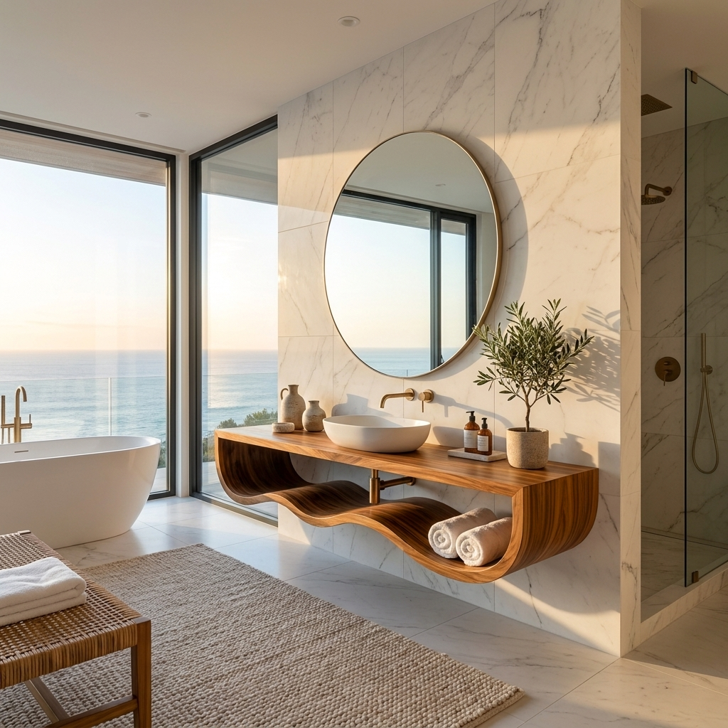 Wood Bathroom Vanity With Floating Wave Shelf For Modern Bath