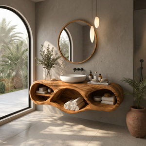Organic Bathroom Vanity With Oval Open Shelves For Spa Bathroom