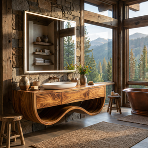 Luxury Bathroom Vanity Cabinet With Undulating Open Shelf For Bath