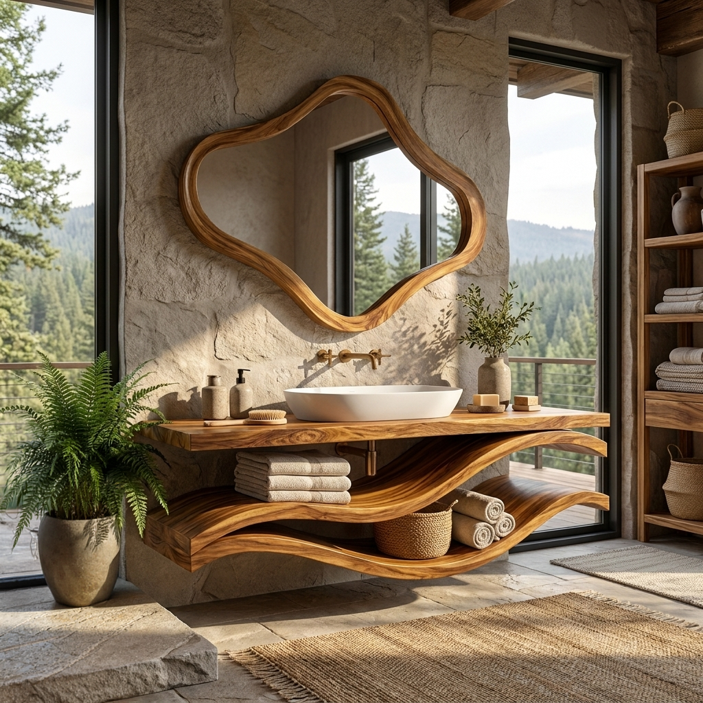 Luxury Bathroom Vanity With Flowing Wave Open Shelves For Bath