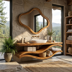 Luxury Bathroom Vanity With Flowing Wave Open Shelves For Bath