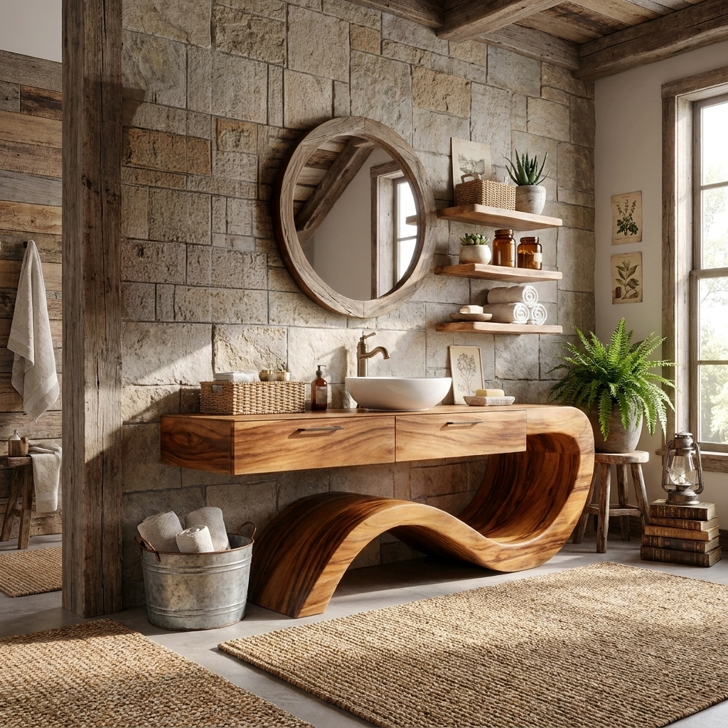 Modern Wood Bathroom Vanity With Sculptural Wave Base For Bath
