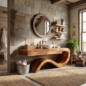 Modern Wood Bathroom Vanity With Sculptural Wave Base For Bath