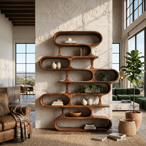 Organic Sculptural Wood Bookshelf With Curved Form For Living Room Or Office