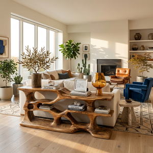 Wooden Console Table With Sculptural Open Shelves For Living