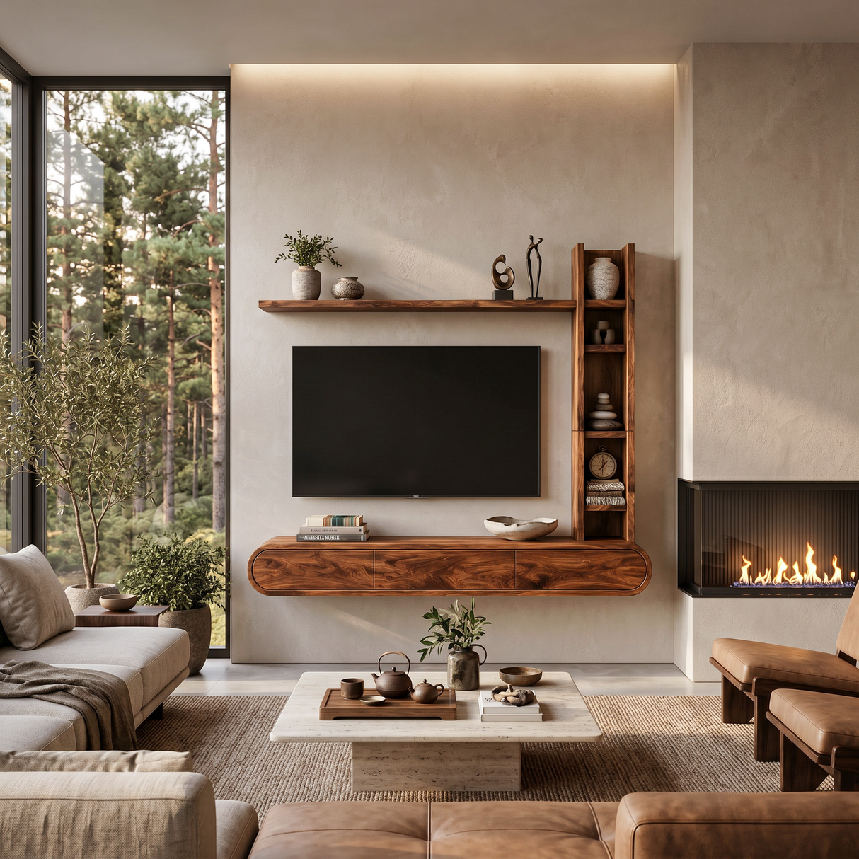 Wooden Floating TV Stand With Tall Open Shelf For Living