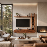 Wooden Floating TV Stand With Tall Open Shelf For Living