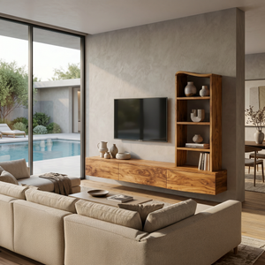Wood Wall Mounted TV Console With Side Storage For Living
