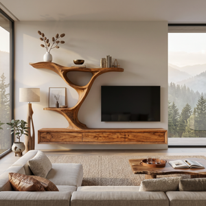 Wooden Floating TV Stand With Side Branch-shaped Storage For Living
