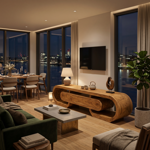 Modern Wood TV Cabinet Curved Design With Drawers For Living
