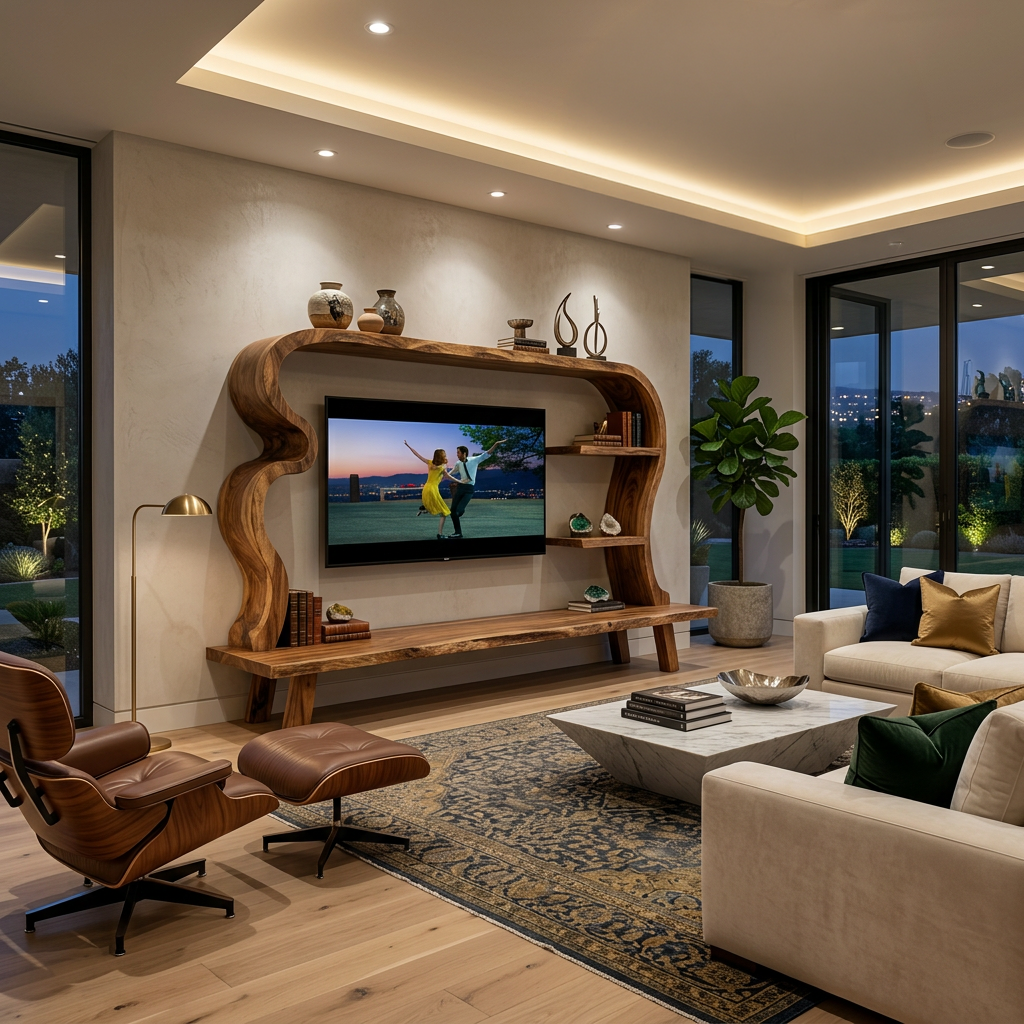 Wood TV Stand With Undulating Frame For Living Room Decor