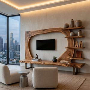 Wooden TV Stand With Frame Includes Display Shelves For Home