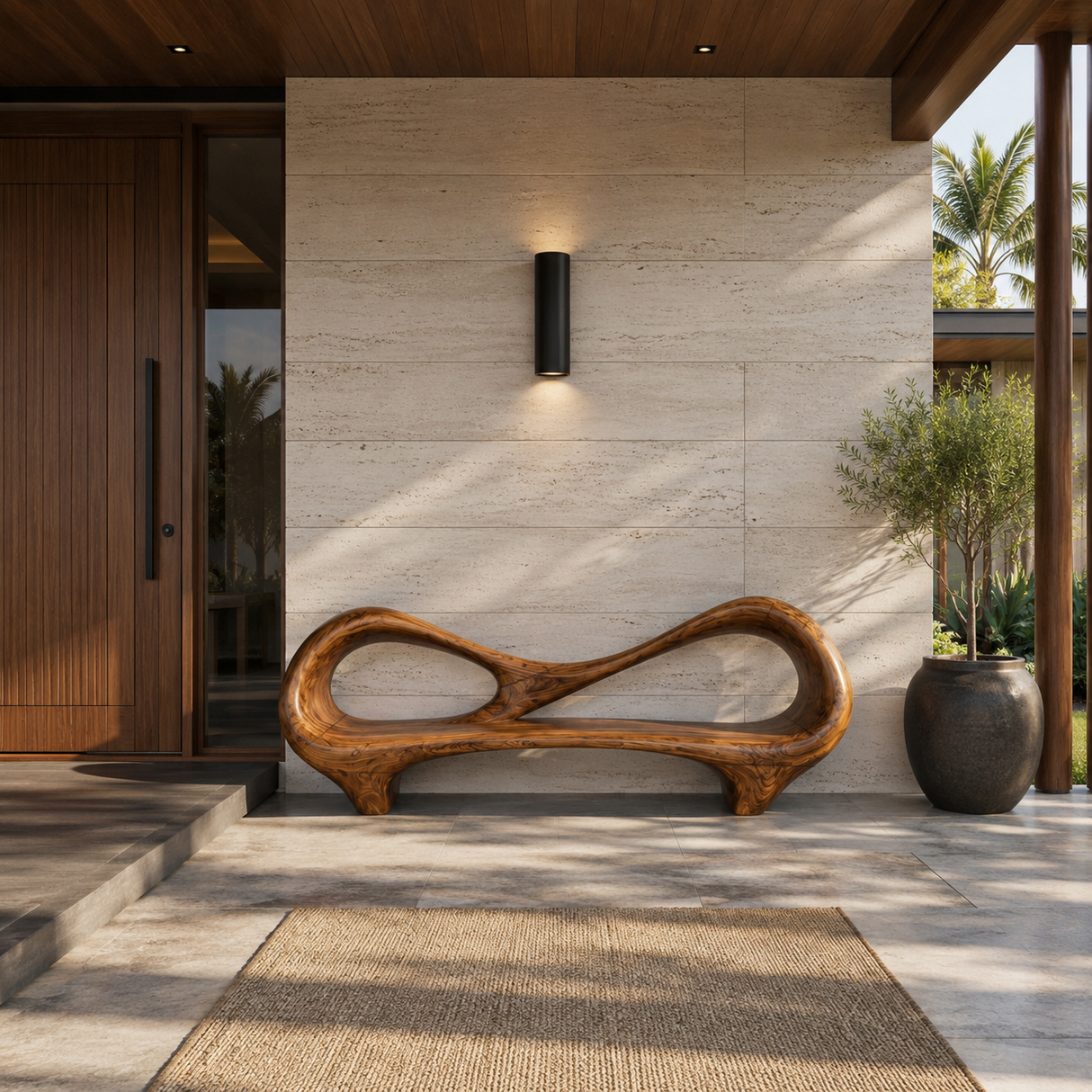 Contemporary Entryway Bench With Sculptural Cutout Frame For Designer Interiors