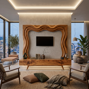 Rustic Wooden TV Console With Carved Frame For Living Decor