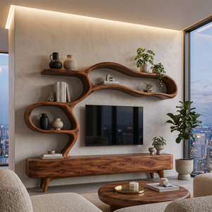 Organic Modern Wood TV Cabinet With Flowing Shelving For Living