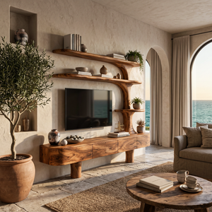 Rustic Wood TV Cabinet With Sculptural Display Shelves For Home
