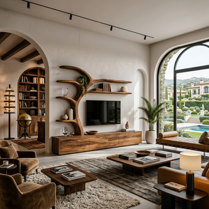 Wooden TV Stand With Branch Display Shelves For Living Room
