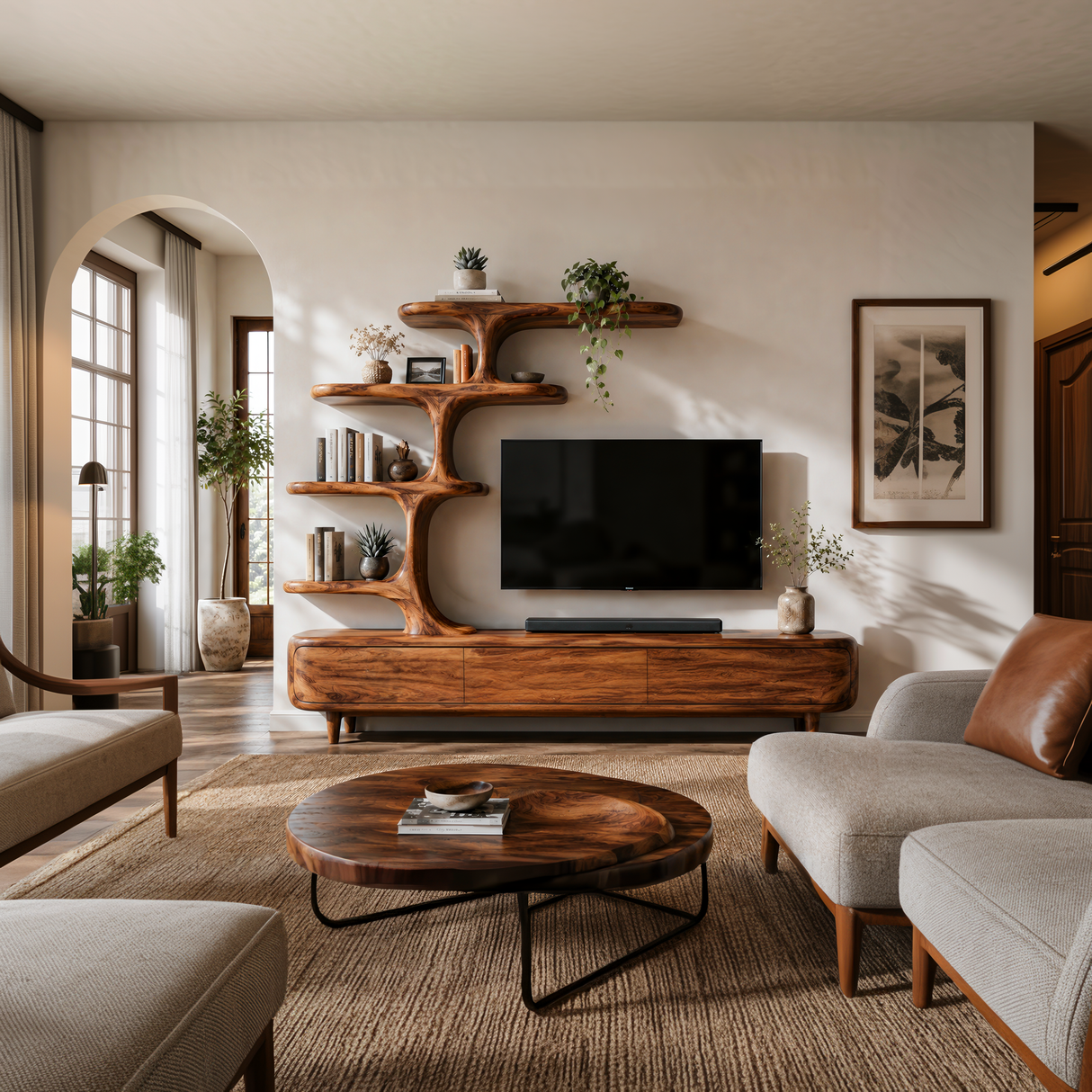 Contemporary Wood TV Stand With Multi-tiered Shelves For Living