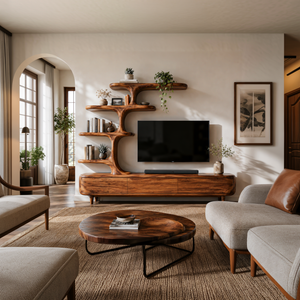 Contemporary Wood TV Stand With Multi-tiered Shelves For Living